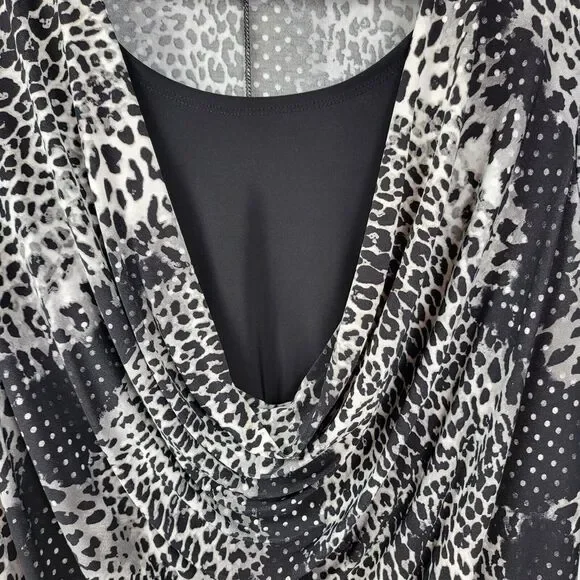 Suzie in the City Blouse Women 1X Black White Leopard print Cowl Neck Layered - Picture 3 of 9